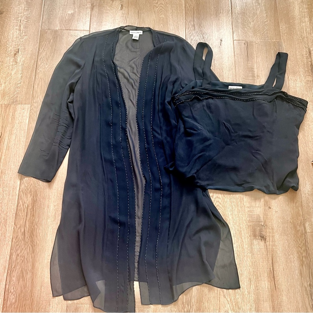 2 PCs Drapers & Damons 100% Silk Jacket Blouse & Tank Top Set, Black Beaded Sz L